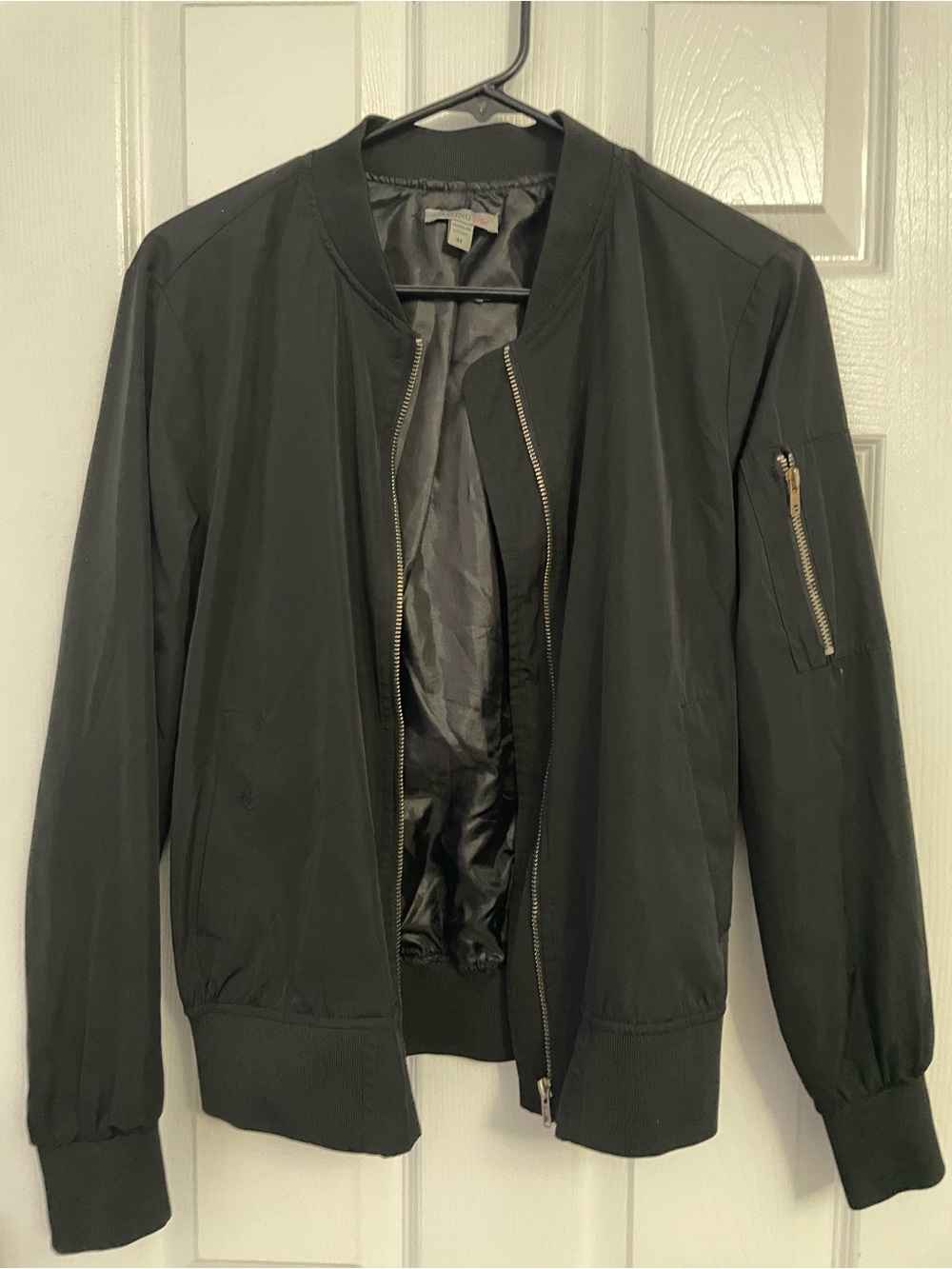 Women’s Black Bomber Jacket with Zip Sleeve Pocket
